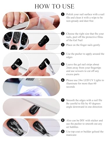 EBANKU 24 Pcs Semi-Cured Gel Nail Strips, Gel Wraps for Nails Stickers, Easy Apply & Remove for Salon-Quality Manicure, Nail Salon DIY with Nail File and Nail Stick UV/LED Lamp Required(Black Glitter)