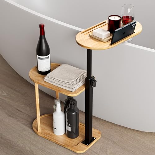 Bamboo Freestanding Bath Tray Caddy, 3-Layer Bathtub Organizer