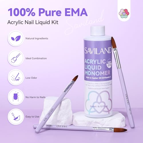 SAVILAND Monomer Acrylic Nail Liquid Kit: 12 OZ Non-yellowing Acrylic Liquid Monomer with 4PCS Acrylic Nail Brushes for Acrylic Application, Size 8/10/12/14