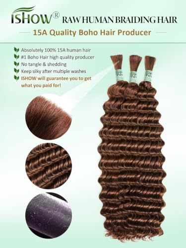 ISHOW 15A Deep Wave Bulk Human Hair - 20 Inch, 150g, Auburn Brown