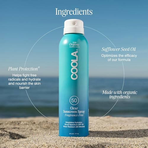 COOLA Organic Sunscreen SPF 50 Sunblock Spray, Dermatologist Tested Skin Care for Daily Protection, Vegan and Gluten Free, Fragrance Free