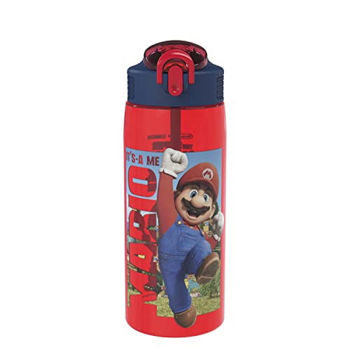 Zak Designs The Super Mario Bros. Movie Water Bottle For School or Travel, 25 oz Durable Plastic Water Bottle With Straw, Handle, and Leak-Proof, Pop-Up Spout Cover (Mario, Toad)