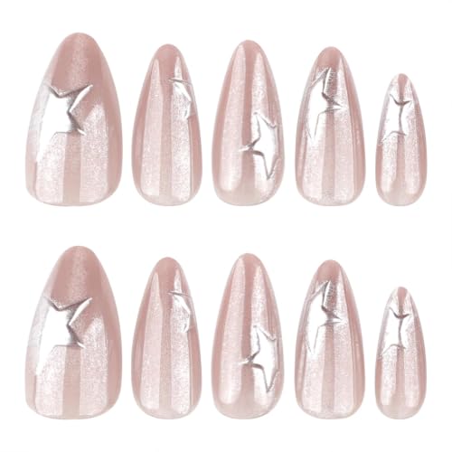 Medium Almond Press On Nails - Nude Pink Cat Eye with Silver Stars