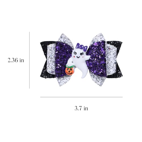 Halloween Ghost Hair Bow Clips Girls Cute Glitter Hair Clips 3 Layers Sparkly Hair Accessories for Halloween Party, Black & White & Purple