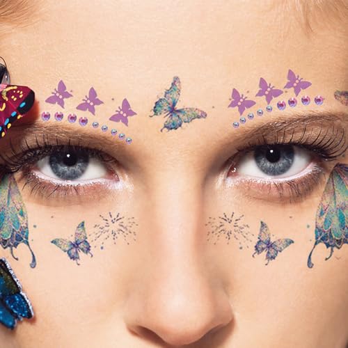 13 Sheets Glitter Eye Temporary Tattoos - Butterfly Flash Face Stickers with Conch Crystal Face Gems for Women & Girls - Birthday, Halloween, Christmas Party