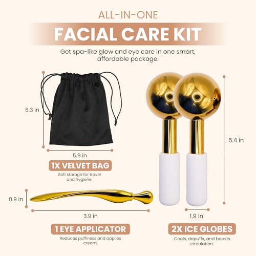 Ice Globes with Storage Bag - Facial Cryo Rollers, Cooling Eye Applicator, Massage Beauty Balls for Face, Stainless Steel Cryoglobes, Icing Cream Stick, Metal Skin Massager for Women (Gold)
