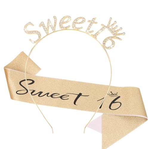 CAVETEE Sweet 16 Party Decorations, Gold Sweet 16 Sash and Crown 16th Birthday Crown for Girls 16th Happy Birthday Party Decorations