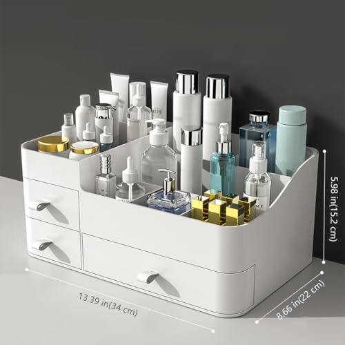 MIUOPUR White Makeup Organizer for Vanity, with 3 Drawers, Large Capacity, Ideal for Make up, Cosmetic, Skin care, Suitable for Bathroom Counter, Dressers, Desk