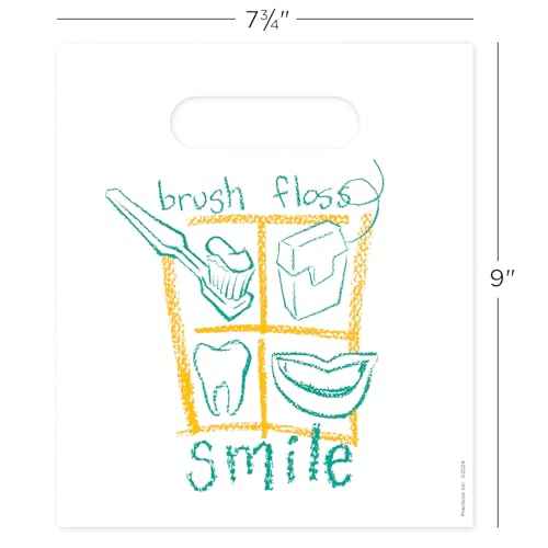 Practicon Brush Floss Smile 7-3/4" x 9" Dental Giveaway Bag, Dental Hygiene Patient Care Goodie Bag, Dentist Office Plastic Gift Bags, 100 Pack