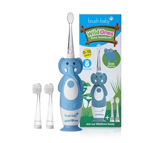 brush-baby WildOnes Kids Electric Rechargeable Toothbrush Elephant, 1 Handle, 3 Brush Heads, USB Charging Cable, for Ages 0-10 (Elephant)
