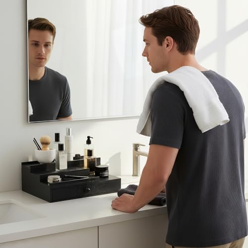 Cologne Organizer for Men,Solid Wood Cologne Stand with Drawer and Hidden Compartments, Cologne Shelf,Dresser Organizers,Organizador de Perfumes,Perfume Stand Organizer for Bedroom,Black