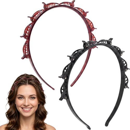 DC CLISENCE 2-Pack Double Layer Clip Headbands with 8 Mini Clips – Black & Brown