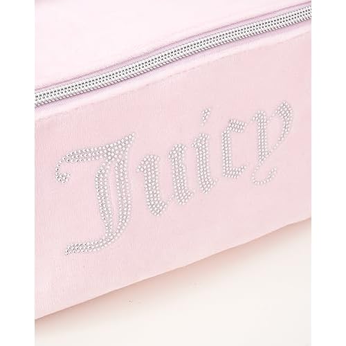 Juicy Couture Pink Makeup Bag Cosmetics Organizer Travel Essentials Cross Zip Velour Rhinestone Silver Handle