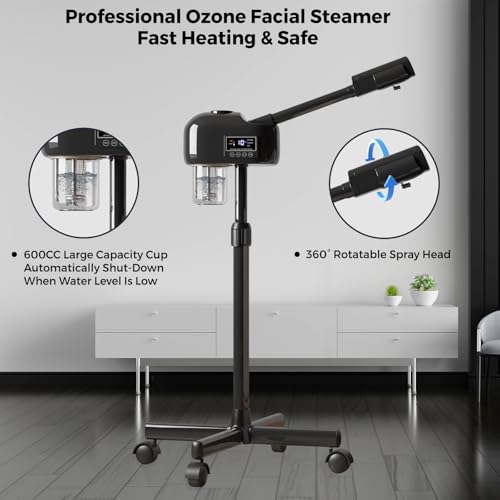 Facial Steamer for Estheticians, Timer Function & Hot Mist, Vaporizador Facial Steamer Professional On Wheels for Home Use & Spa Salon Skin Cleasning