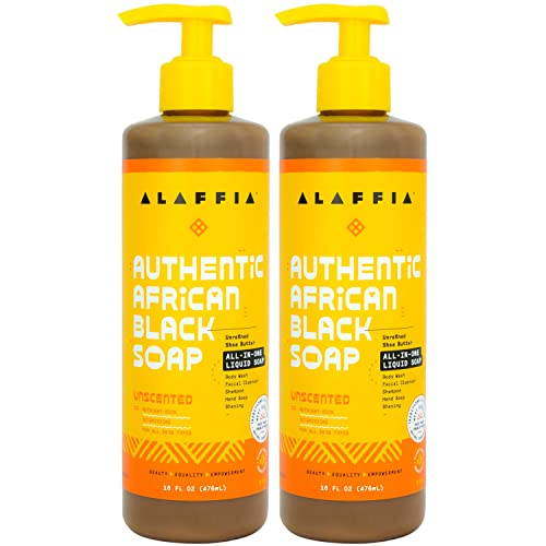 Alaffia Skin Care, Authentic African Black Soap, All in One Body Wash, Face Wash, Shampoo & Shaving Soap with Fair Trade Shea Butter, Unscented, (2 Pack - 16 Fl Oz Ea)