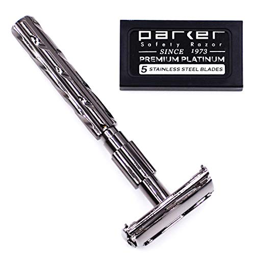 Parker 22R Long Handle Safety Razor ? Gunmetal Twist-to-Open Butterfly Design, Heavyweight Brass Frame with Knurled Grip | Includes 5 Platinum Double Edge Blades | Iconic Brandd