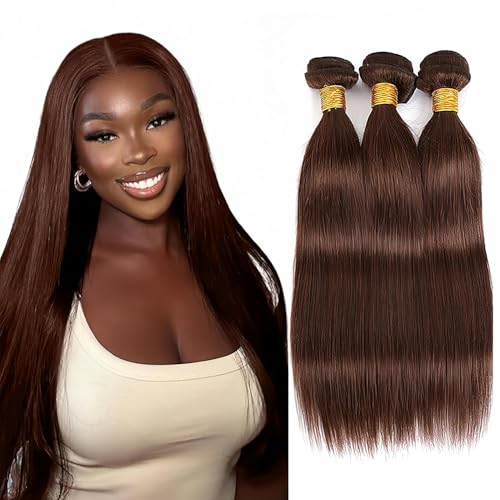 #4 Brown Straight Human Hair Bundles - 18-22 Inch, 3 Pack