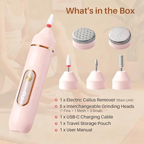 DMOPEOD Pink Electric Callus Remover for Feet, 2 Speeds & 5 Heads, Rechargeable & Washable