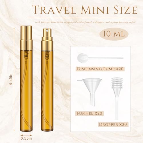 Domensi 60 Pcs 10ml Amber Glass Refillable Bottles for Essential Oils Aromatherapy Skincare, Refillable Fine Mist Atomizer Spray Bottle for Facial Mist, Serum, Travel DIY Perfume Use