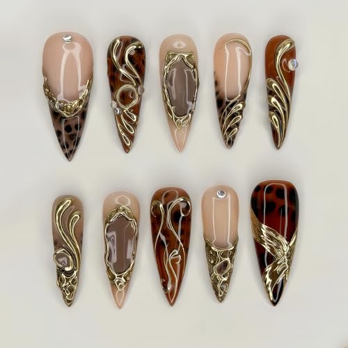 Y2K Gold Line Press-On Nails with Rhinestones & Leopard Print for Women