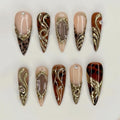 Y2K Gold Line Press-On Nails with Rhinestones & Leopard Print for Women