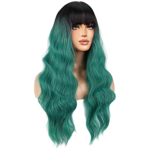 Green Ombre Wigs for Women Long Curly Wavy Synthetic Cosplay Costume with Bangs