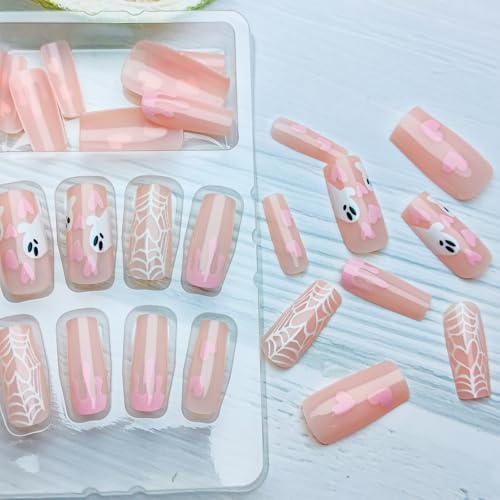 Mkwntg Halloween Press on Nails Medium Square Fake Nails Cute Ghost Pink Heart Liquid Full Cover Stick on Nails Glossy White Spider Web Glue on Nails for Women Girls Holiday Nail Decoration 24Pcs