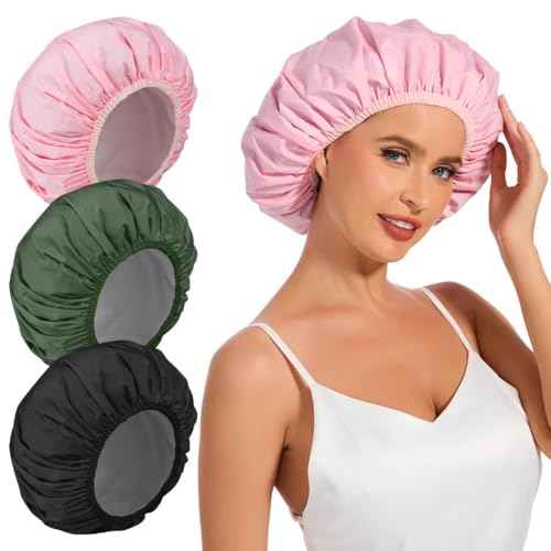 Reusable Shower Cap for Women, 3Pcs Hair Cap for Shower, Waterproof Shower Cap with Elastic Band for Long, Thick or Curly Hair