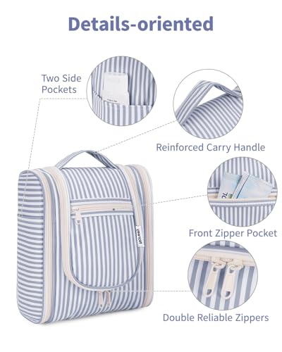 Narwey Hanging Travel Toiletry Bag for Women, Medium, Greyish Blue Stripe