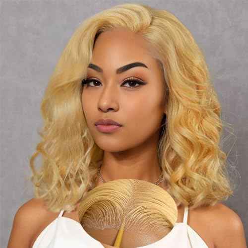 QNQZ Honey Blonde Curly Wig Human Hair 14 inch 9x6 HD Glueless Lace Front Honey Blonde Deep Wave Curly Wear and Go Glueless Wigs Human Hair Pre Plucked Pre Cut 200% Density #27 Colored for Women