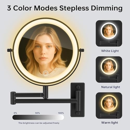 Wall Mounted Makeup Mirror with Lights, 8" Bathroom Vanity Magnifying Mirror Wall Mount with 1X/10X Magnification and Extendable Arm,Black