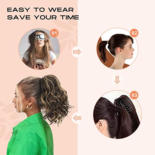 SEIKEA 10" Highlight Ponytail Extension Claw Short Thick Wavy Curly Jaw Clip in Fake Pony Tails Fake Hair Soft Natural Looking Synthetic Hairpiece for Women Medium Blonde with White Blonde Highlights