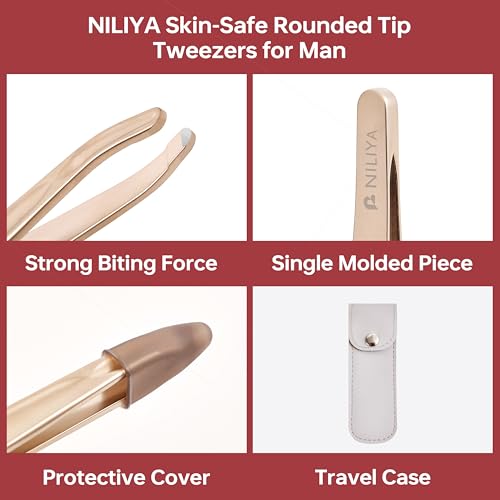 Tweezers for Man, Professional Round Tips Plucker for Chin, with Leather Travel Case (Light Gold)