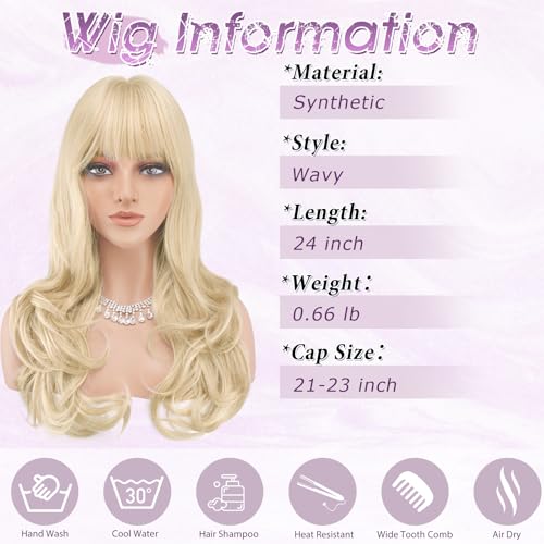 Haloo Blonde Wavy Wig with Bangs 24 Inch Heat Resistant Synthetic