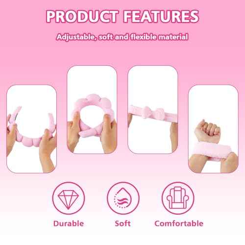 Zkptops 5Pcs Spa Headband for Washing Face Wristband Set Sponge Makeup Skincare Terry Cloth Bubble Soft Hairband Claw Clips for Thick Hair Puffy Padded Headwear Non Slip Hairs Accessory (Pink)