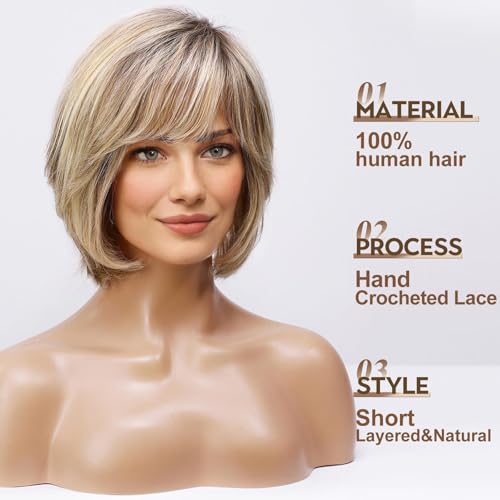 Haircube Short Ombre Blonde Wig with Lace Front, Hand-Tied, Layered Bob w/ Bangs (Blonde Mixed Brown)