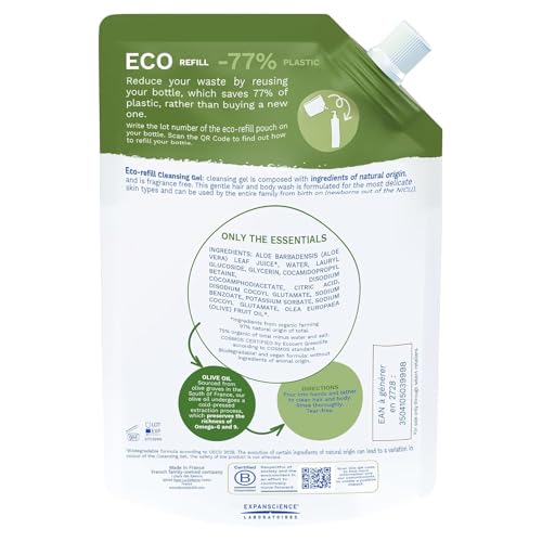 Mustela Certified Organic Cleansing Gel - Natural Hair & Body Wash with Olive Oil & Aloe Vera - For Baby, Kid & Adult - Fragrance Free, Tear Free, Vegan & Biodegradable - 13.52 fl. oz.