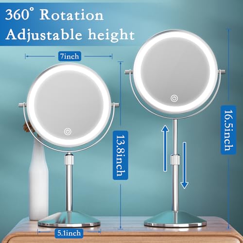 Vanity Mirror with Lights 7" Rechargeable 1x/10x Lighted Makeup Mirror Adjustable Height Double Sided Mirror with Lights 360¡ÆRotating Makeup Mirror