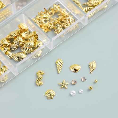 Summer Nail Charms, 3D Beach Nail Charms Metal Starfish Seashell Tropical Ocean Nail Art Decorations, Gold Beads and Pearls Rhinestones with Tweezers for Manicure, concha nacar para u?as