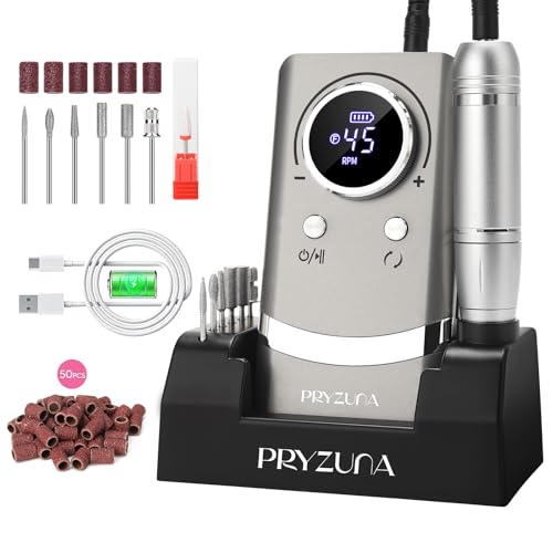 PRYZUNA Gray Portable Electric Nail Drill 45000RPM Cordless Professional Efile