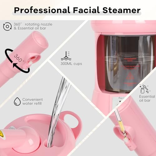 Facial Steamer Professional - Nano Ionic Face Steamer with Extendable Arm, 360¡ÆRotating Nozzle Face Steamer for Facial Deep Cleaning, Steamer for Facial for Personal Care at Home or Salon£¨Pink£©