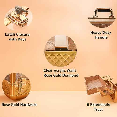 Ver Beauty Rose Gold Diamond Makeup Train Case with 6 Accordion Trays ? Lockable Cosmetic Organizer with Spacious Interior & Clear Acrylic Top