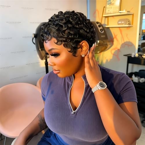 Yrenrea Black Finger Wave Human Hair Pixie Wig Short Curly Glueless Daily Use