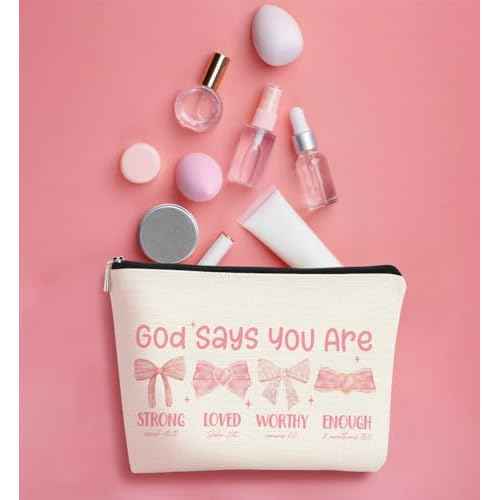 God Says You are Preppy Stuff Pink Coquette Bow Makeup Bag, Coquette Accessories,Christian Gifts for Women, Cute Bag, Trendy Makeup Bag, Preppy Christmas Stuff,Cute Makeup Pouch