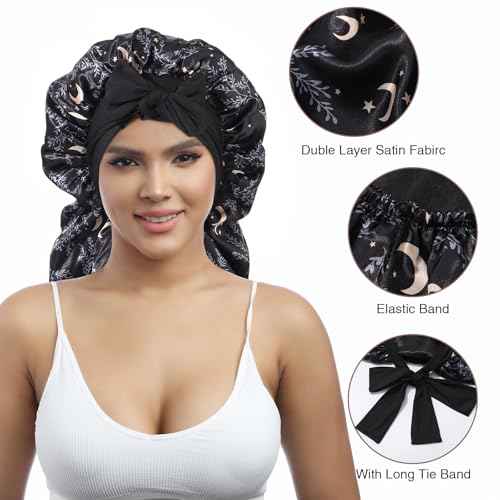 AWAYTR Long Satin Bonnet for Women - Double Layer Elastic Silk Bonnet for Braids Hair Sleeping Cap with Tie Band (Star and Moon+Black)
