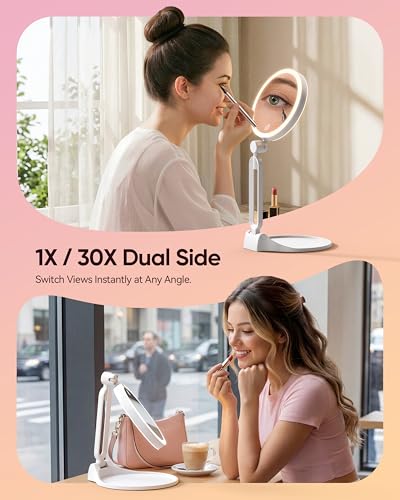 Travel Makeup Mirror with Lights, 1X/30X Magnification, 3 Color Modes