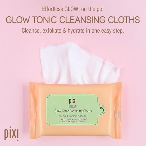 Pixi Beauty Glow Tonic Cleansing Cloths | Cleansing, Exfoliating, and Hydrating Disposable Face Towelettes | 3 Packs of 10 Face Wipes (30 Wipes Total)