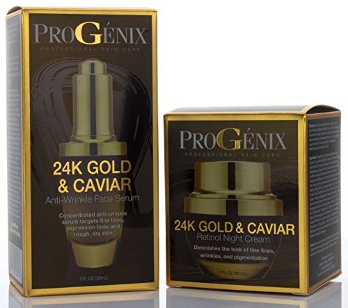 Progenix 24k Gold and Caviar Serum. Anti-Wrinkle Serum with 24kt Colloidal Gold, Vegan Green Caviar, Manuka Honey for Fine Lines, Wrinkles, and Dark Spots. 1 FL OZ (30 mL)