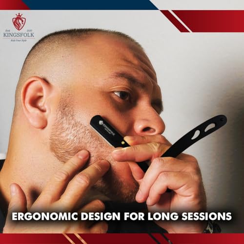 Professional Straight Razor Kit, Black Stainless Steel, with 100 Platinum Blades, Leather Pouch, Cleaning Cloth, Nitrile Gloves Ergonomic Design for Barbers and Home Grooming