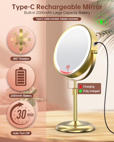 7" Lighted Makeup Mirror 10X Magnification, Height Adjustable, Gold